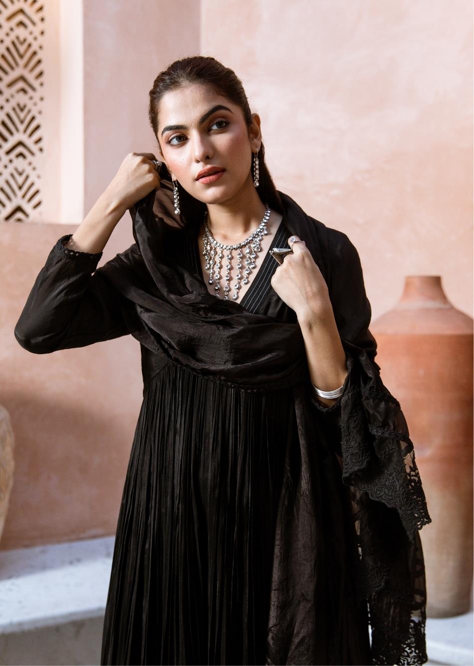Pakeezah - Black Collar Neck Anarkali (Set of 3) By Jovi Fashion