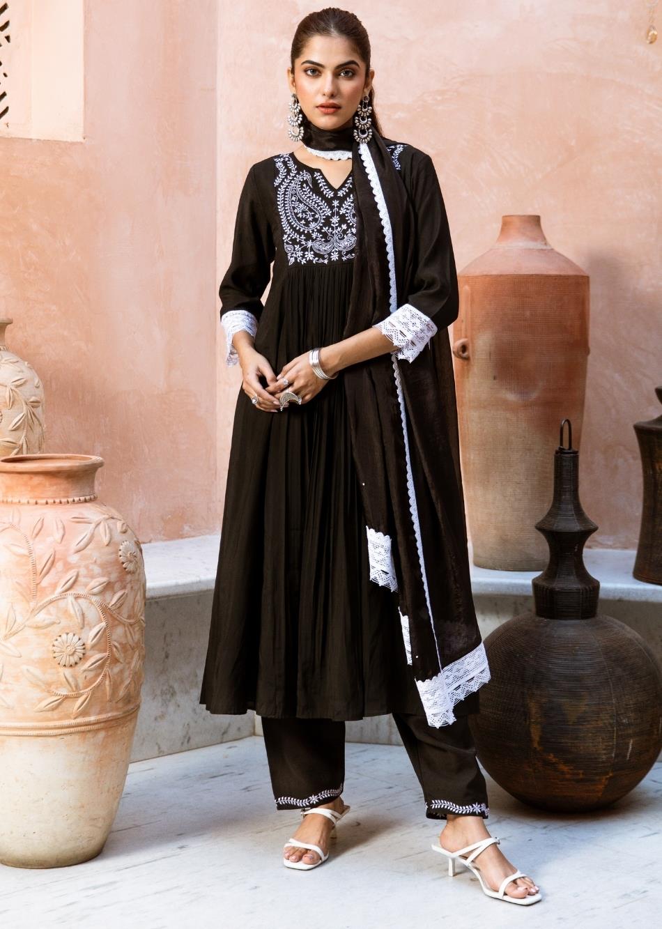 Pakeezah - Black Embroidered Yoke Anarkali (Set of 3) By Jovi Fashion