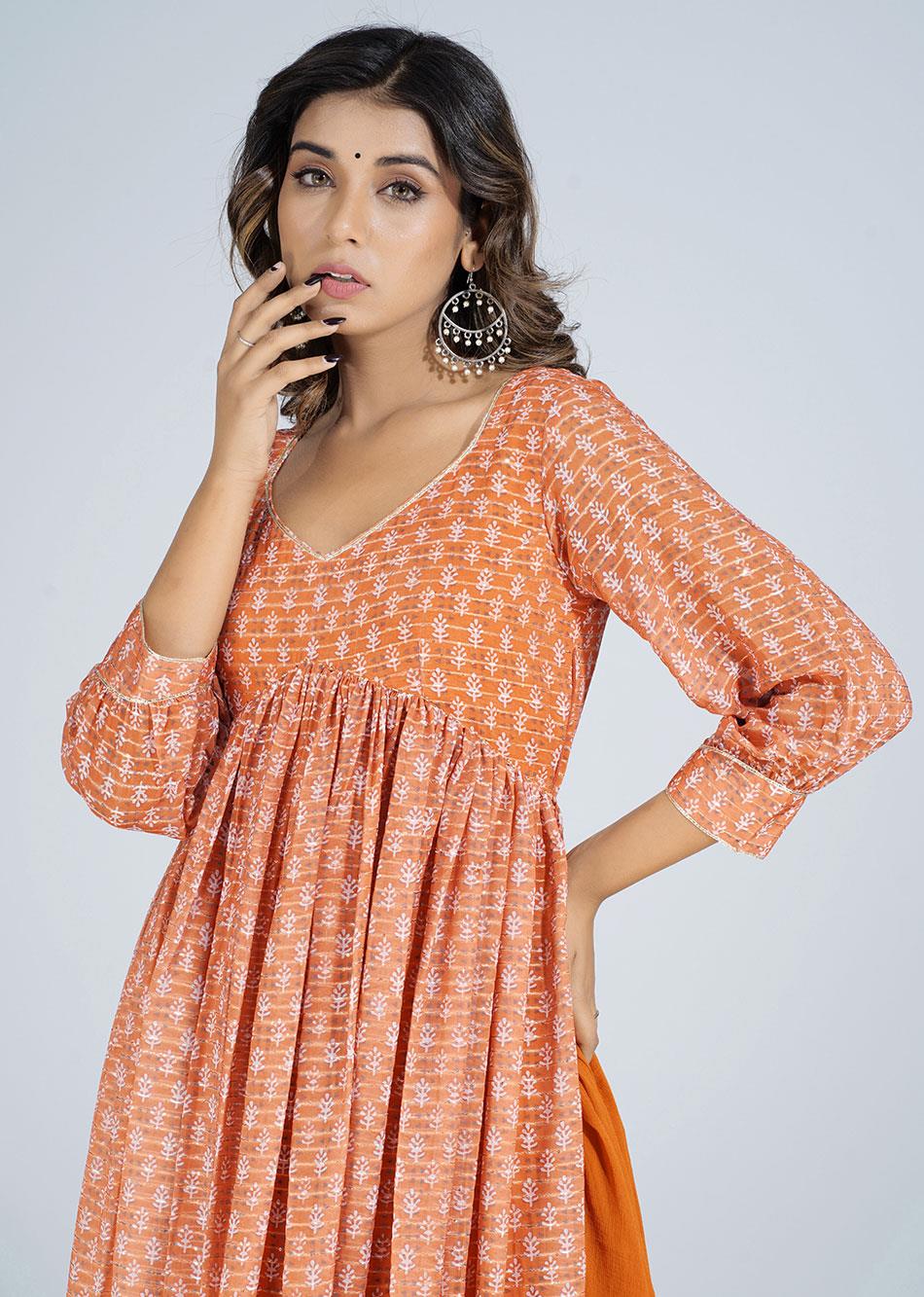 Chhapai Tangerine V - Neck Gathered Anarkali  By Jovi Fashion