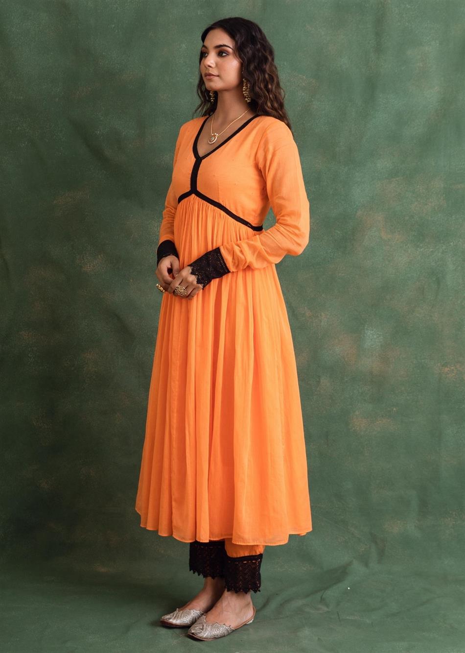 Rangrezee - Candy Orange Anarkali Kurta with Black Lace Details By Jovi Fashion