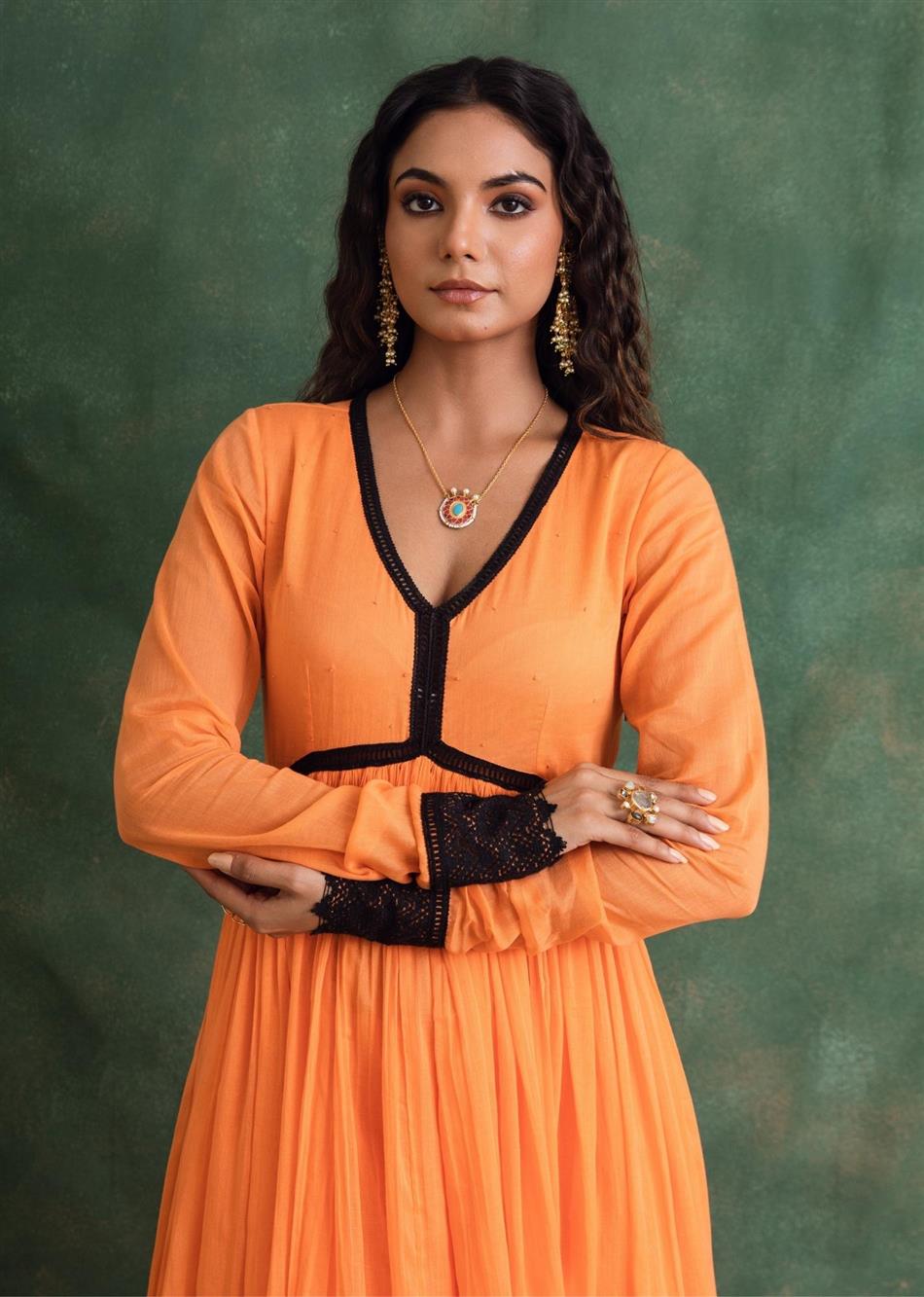 Rangrezee - Candy Orange Anarkali Kurta with Black Lace Details By Jovi Fashion